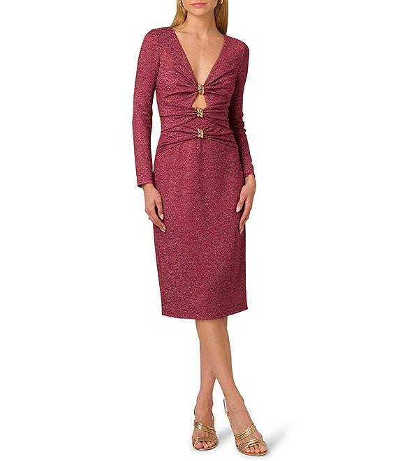 Adrianna by Adrianna Papell Metallic Knit V-Neck Long Sleeves Cut-Out Hardware Sheath Midi Dress Product Image