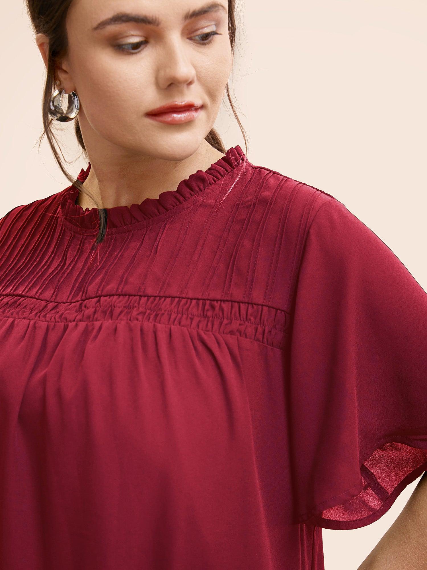 Anti-Wrinkle Shirred Ruffle Sleeve Mesh Frill Trim Blouse Female Product Image