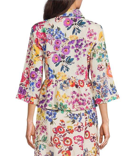 JOHNNY WAS Mixed Floral Printed Linen Point Collar 3/4 Sleeve Peplum Hem Jacket Product Image
