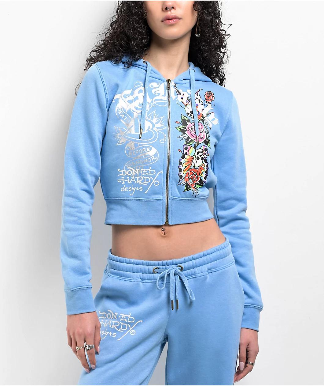 Ed Hardy Flower Skulls Powder Blue Crop Zip Hoodie Product Image