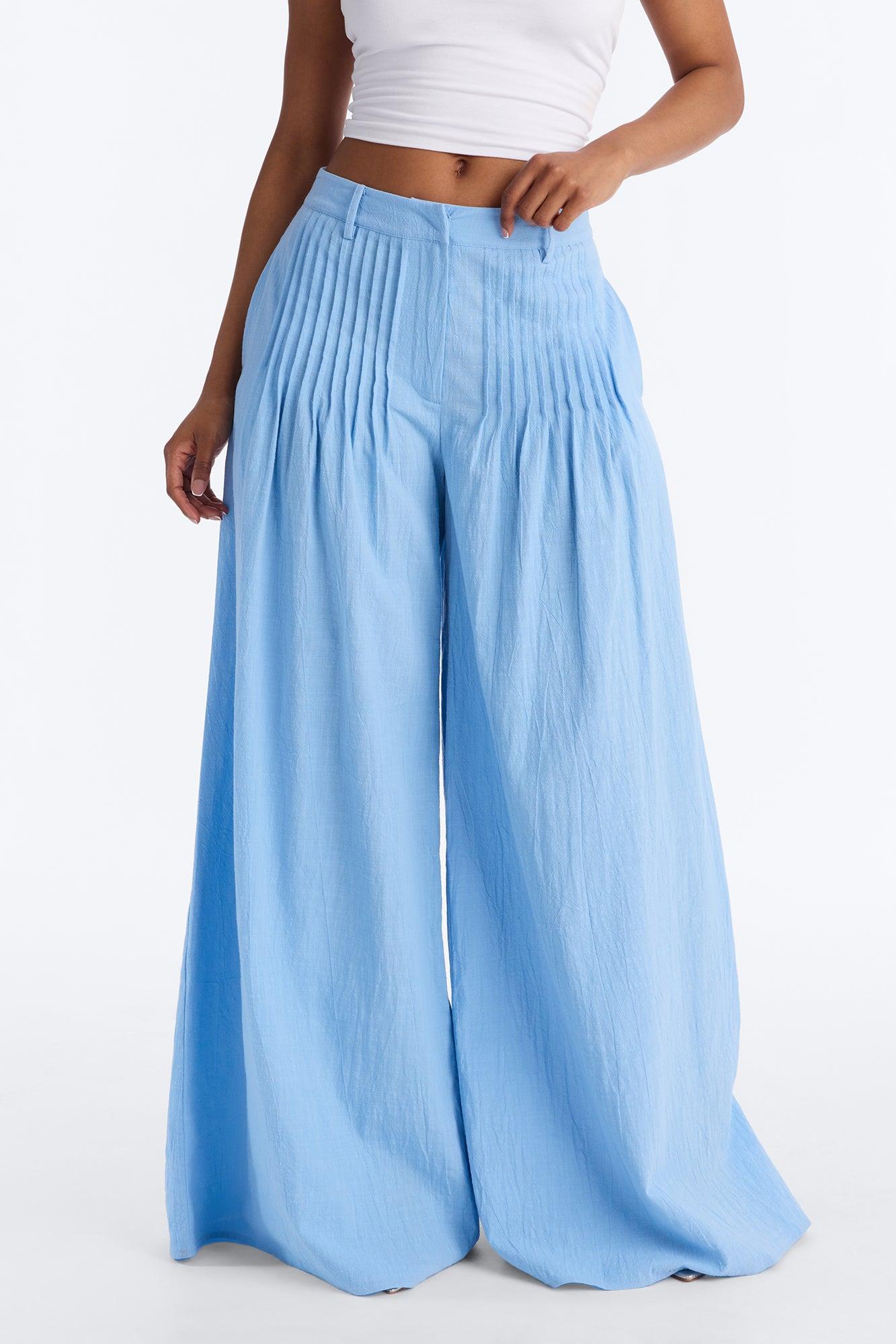 Settled In Pleated Wide Leg Pant 33″ - Blue Female Product Image