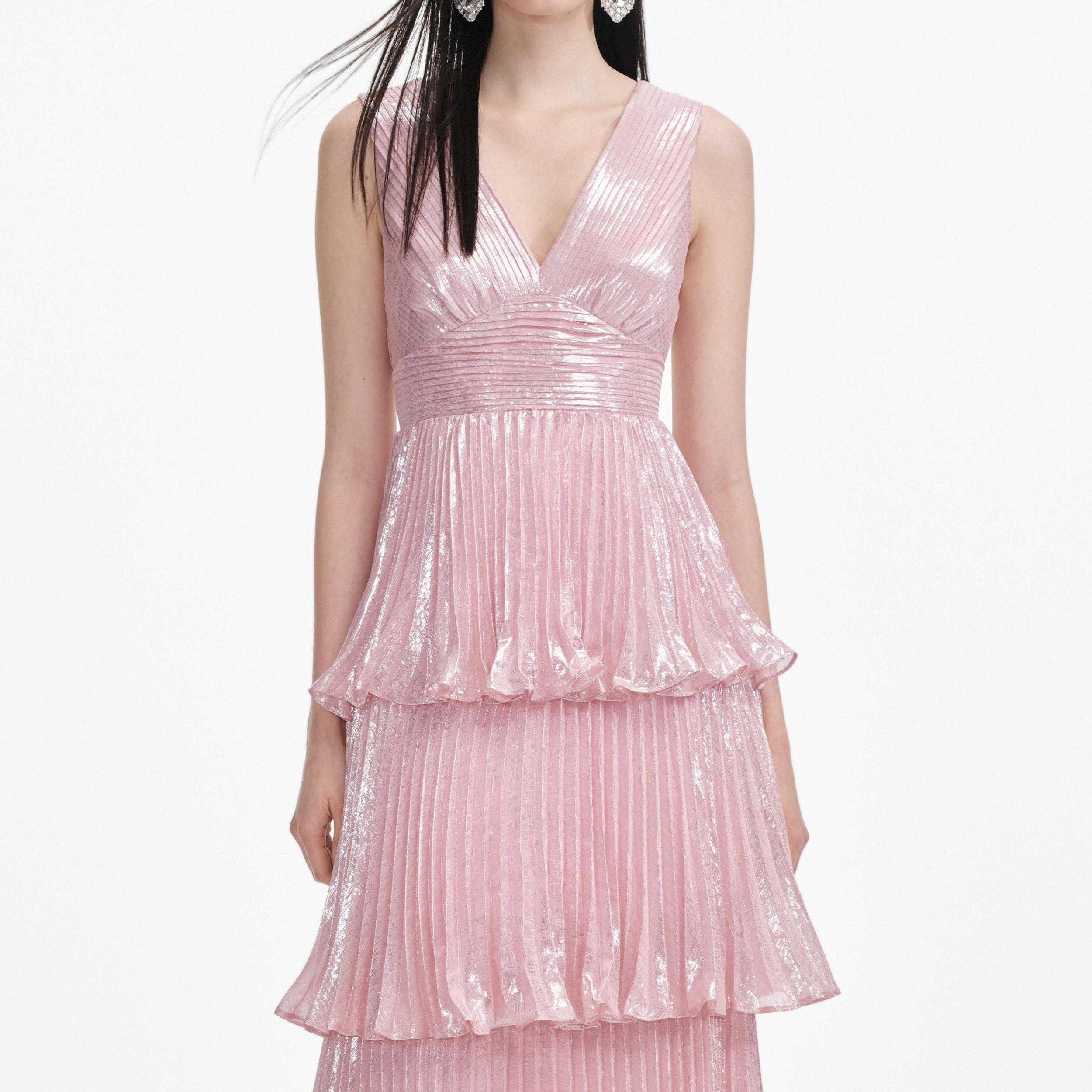 Pink Metallic Tiered Maxi Dress Product Image