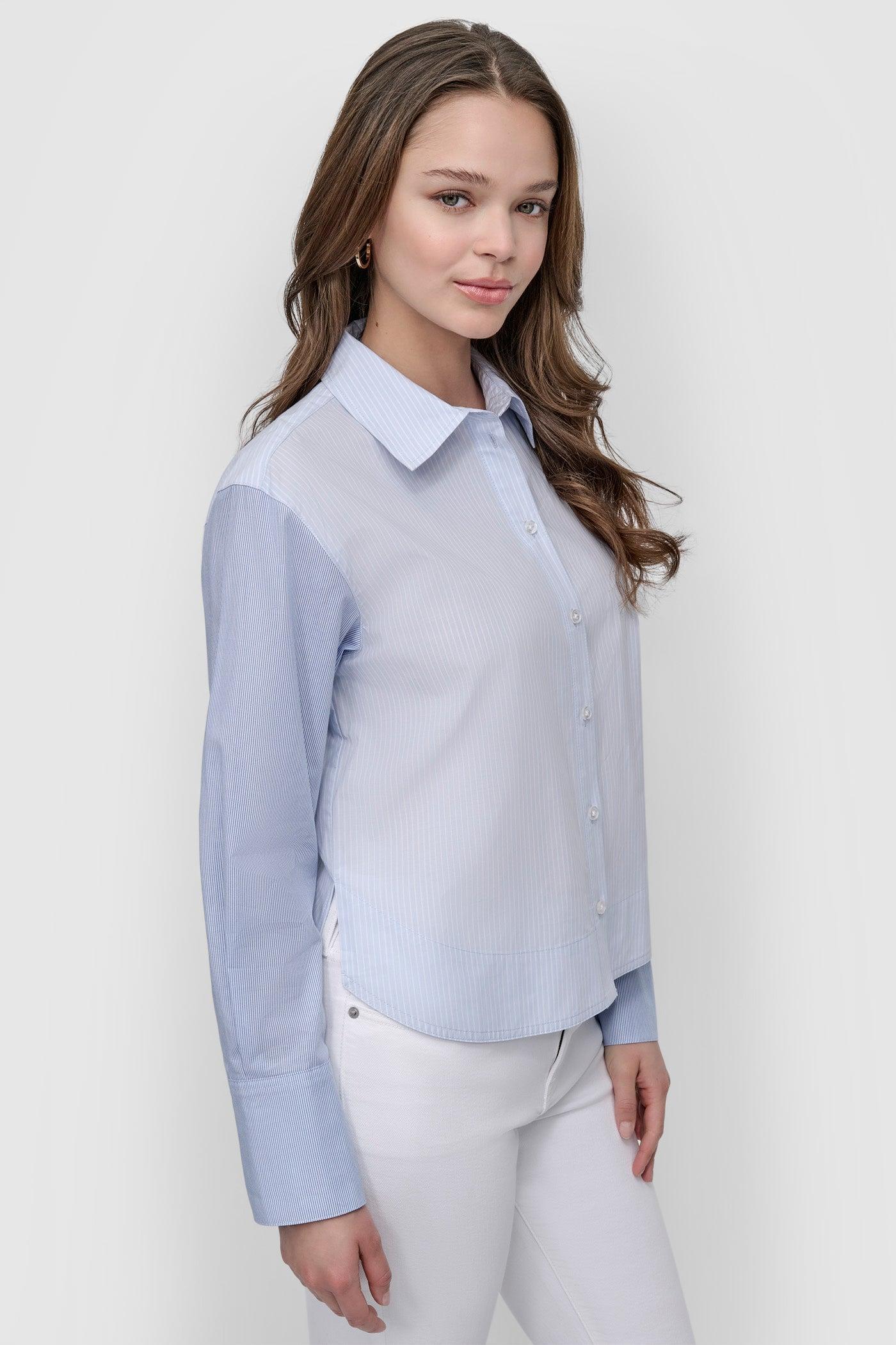 CROPPED LONG SLEEVE BUTTON FRONT SHIRT WITH MIXED STRIPE Product Image