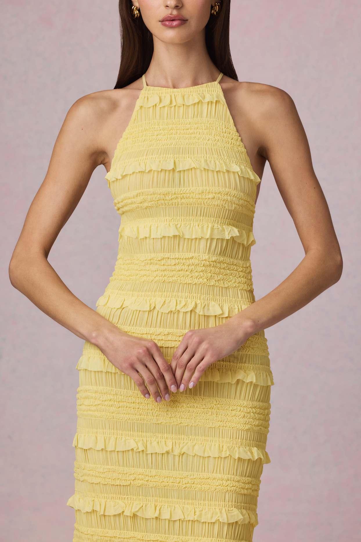 Ruffled Backless Halterneck Maxi Dress in Lemon Yellow Product Image