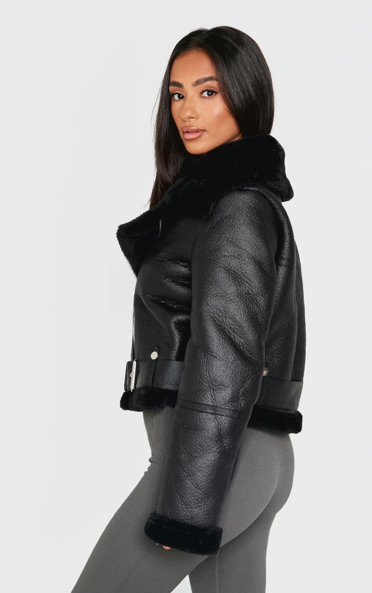 Petite Black Faux Leather Aviator Jacket Product Image