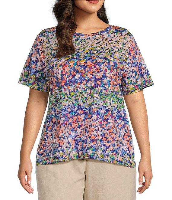 Westbound Plus Size Floral Rainbow Short Sleeve Crew Neck Top Product Image
