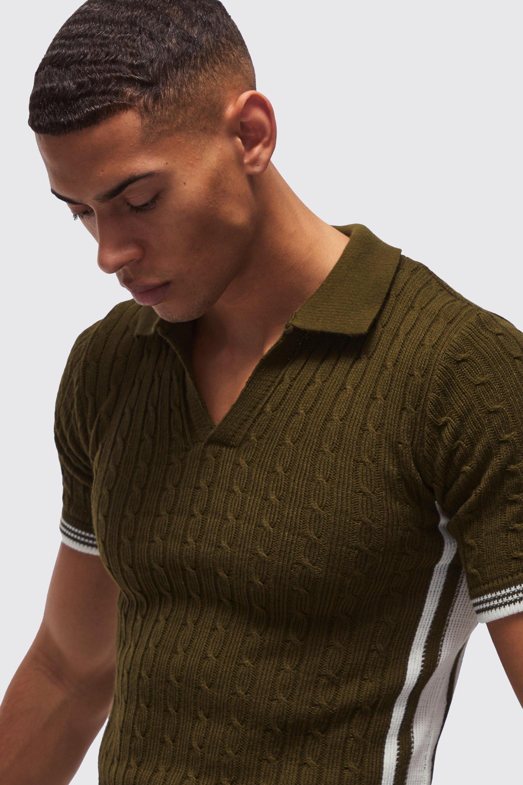 Muscle Fit V Neck Knitted Polo Shirt | boohooMAN USA Product Image