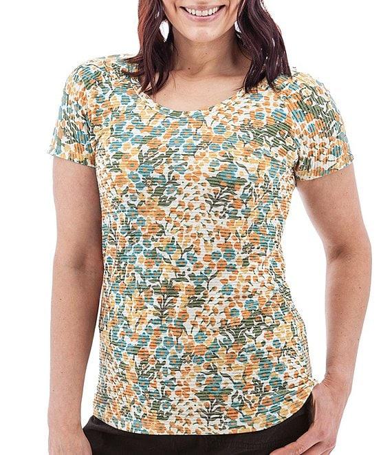 Aventura Charlie Organic Cotton Blend Floral Single Knit Jersey Scoop Neck Cap Sleeves Ruching Top Product Image