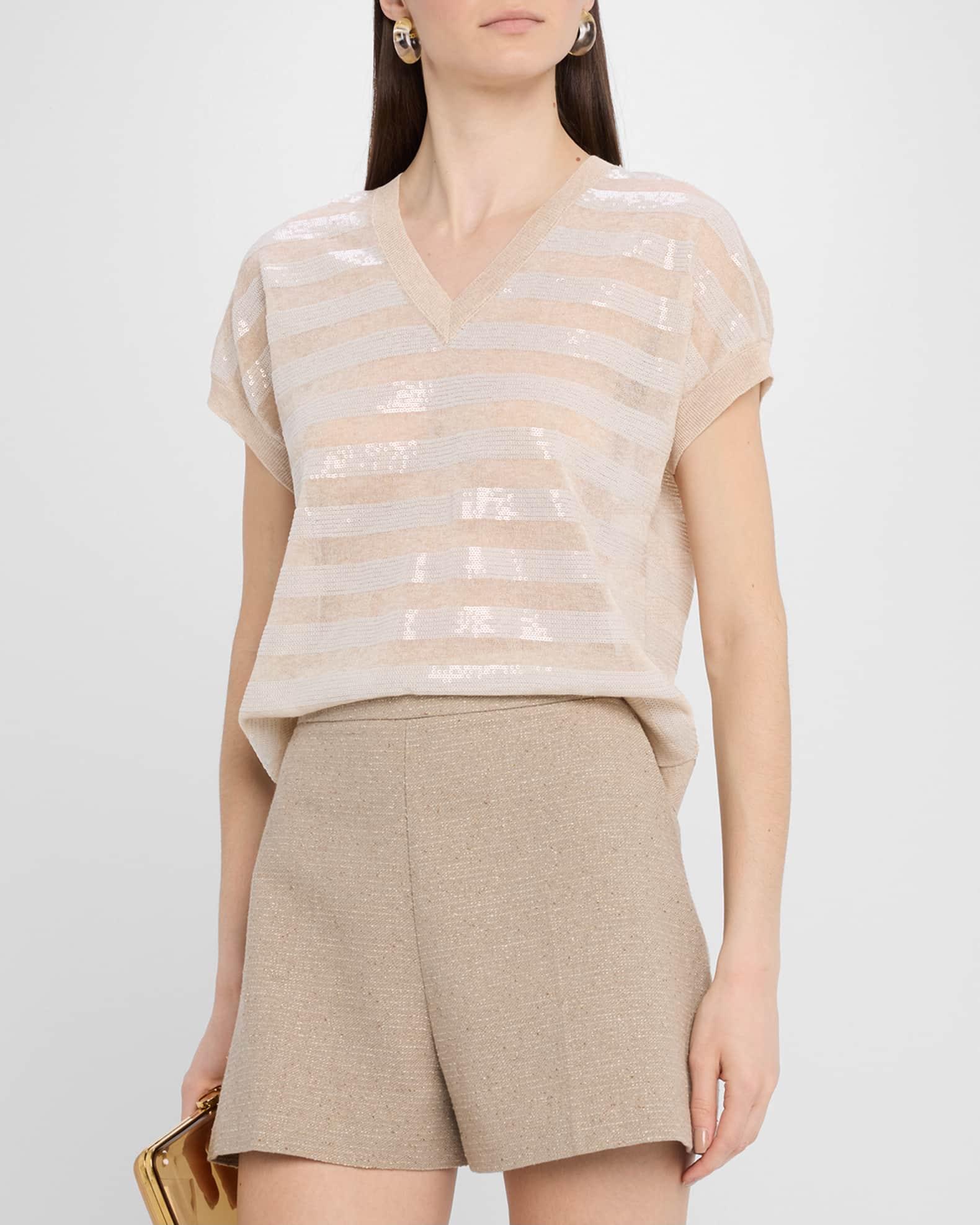 Elara Sequin Striped V-Neck Sweater Product Image