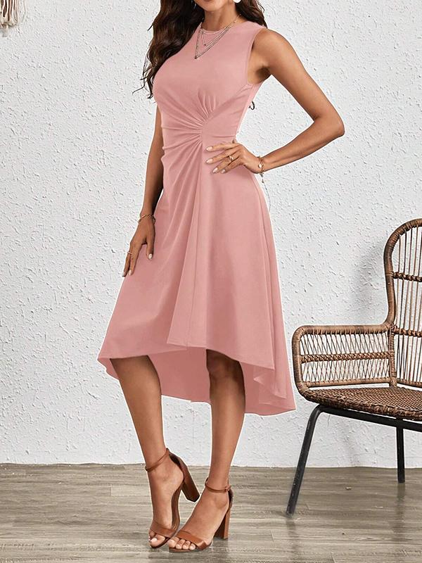 A-Line High Waisted Asymmetric Pleated Solid Color Split-Joint Round-Neck Midi Dresses Product Image