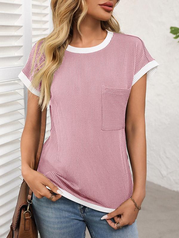 Loose Short Sleeves Colorful Contrast Color Pockets Round-neck T-Shirts Tops Product Image