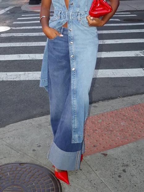 Column Loose Buttoned Solid Color Zipper Jean Pants Bottoms Trousers Product Image