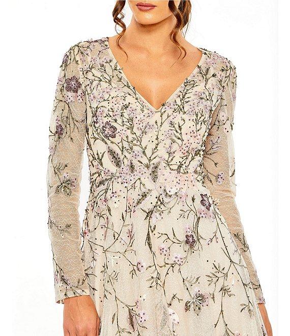 Mac Duggal Floral Embroidered Mesh Overlay V-Neck Illusion Long Sleeve A-Line Gown Product Image