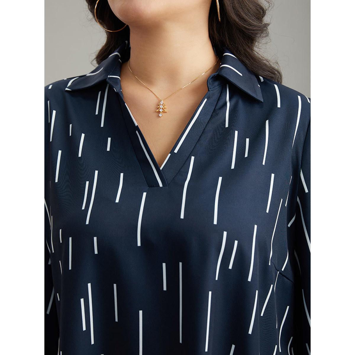 Plus Size Indigo Geometric Shirt Collar Roll Tab Sleeve Blouse Women Office Elbow-length sleeve Shirt collar Office Blouses BloomChic 14-16/1X Product Image
