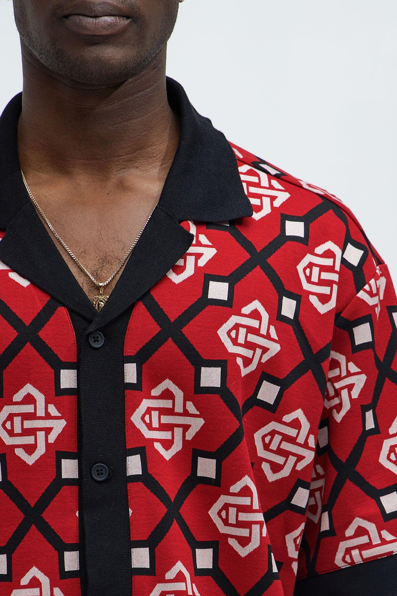 All Over Geo Jacquard Cuban Collar Shirt - Red Product Image