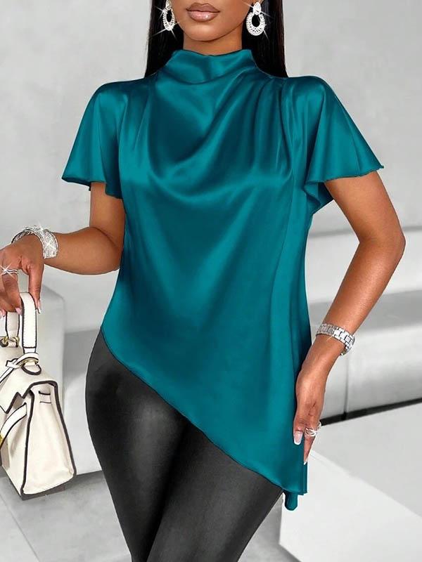 Loose Short Sleeves Asymmetric Solid Color Mock Neck Blouses&Shirts Tops Product Image