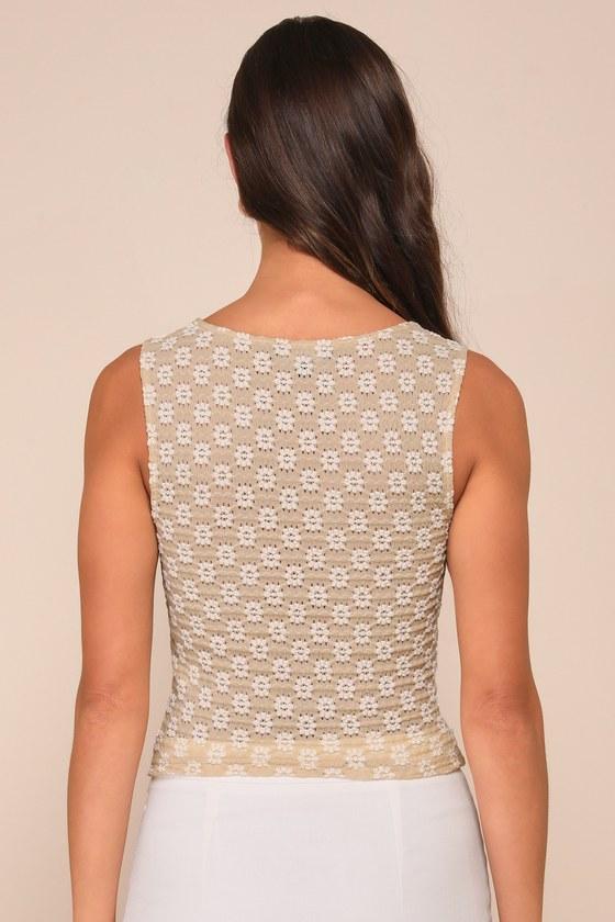 Majorly Delightful Beige and Ivory Floral Textured Tank Top Product Image