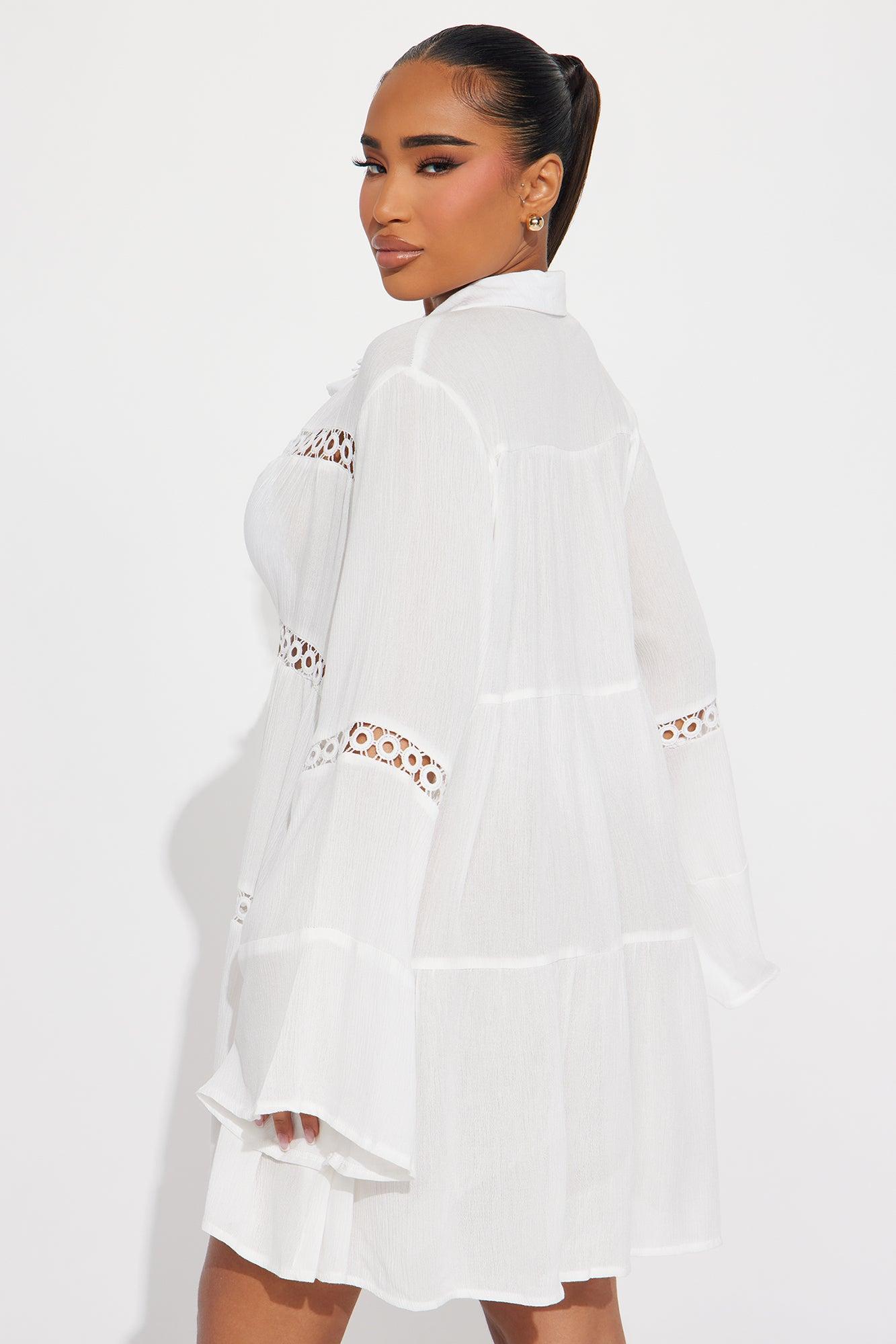 Breezy Paradise Linen Circle Cover Up Shirt Dress - White Product Image