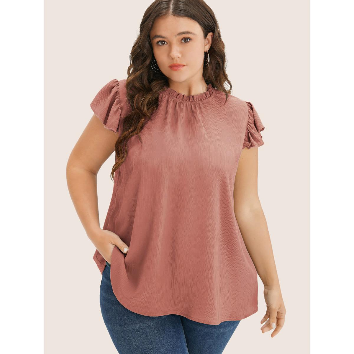 Plus Size Stone Plain Mock Neck Cap Sleeve Ruffle Trim Blouse Women Elegant Short sleeve Mock Neck Everyday Blouses BloomChic 10/M Product Image