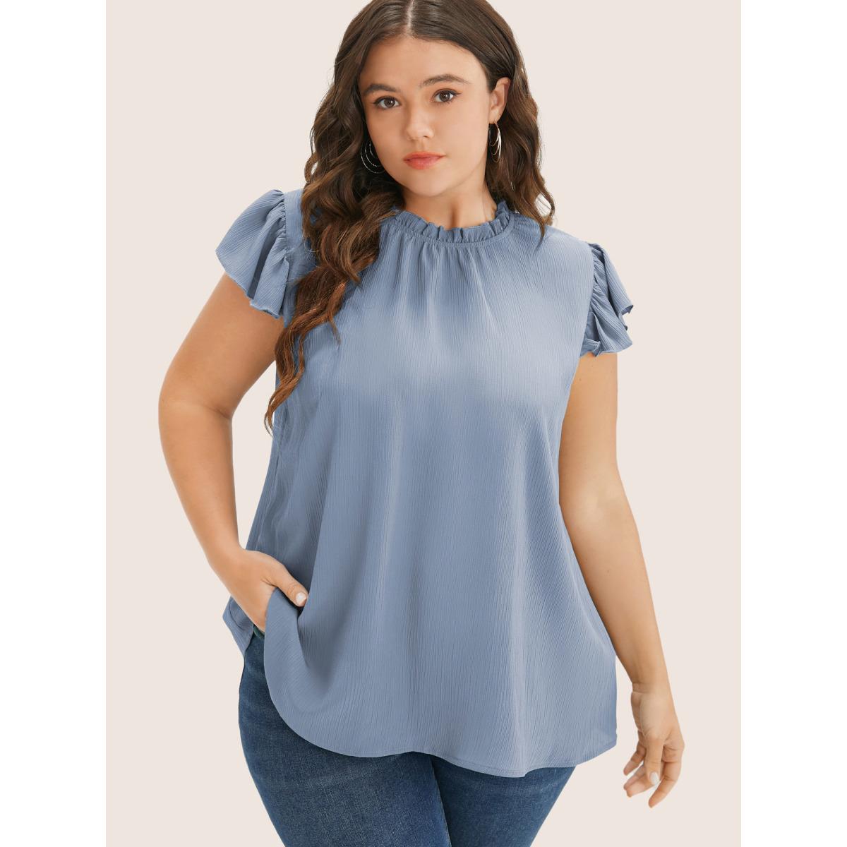 Plus Size Stone Plain Mock Neck Cap Sleeve Ruffle Trim Blouse Women Elegant Short sleeve Mock Neck Everyday Blouses BloomChic 10/M Product Image