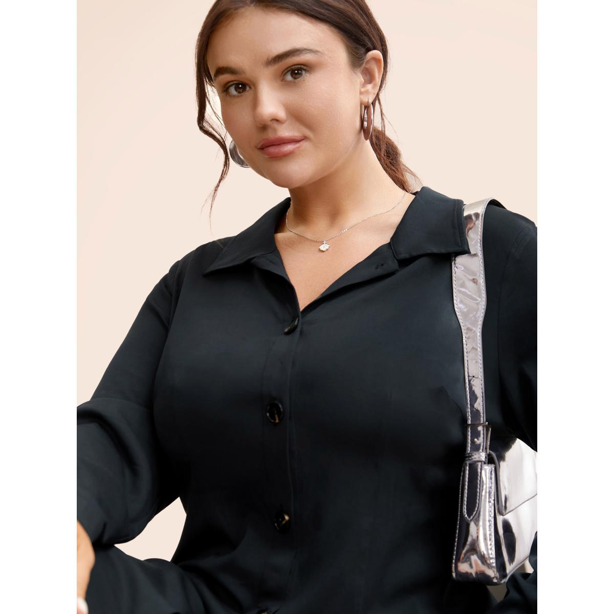 Plus Size Stretch Woven Structured Midi Dress Midnight Women At the Office Button Shirt collar Long Sleeve Curvy BloomChic 22-24/3X Product Image