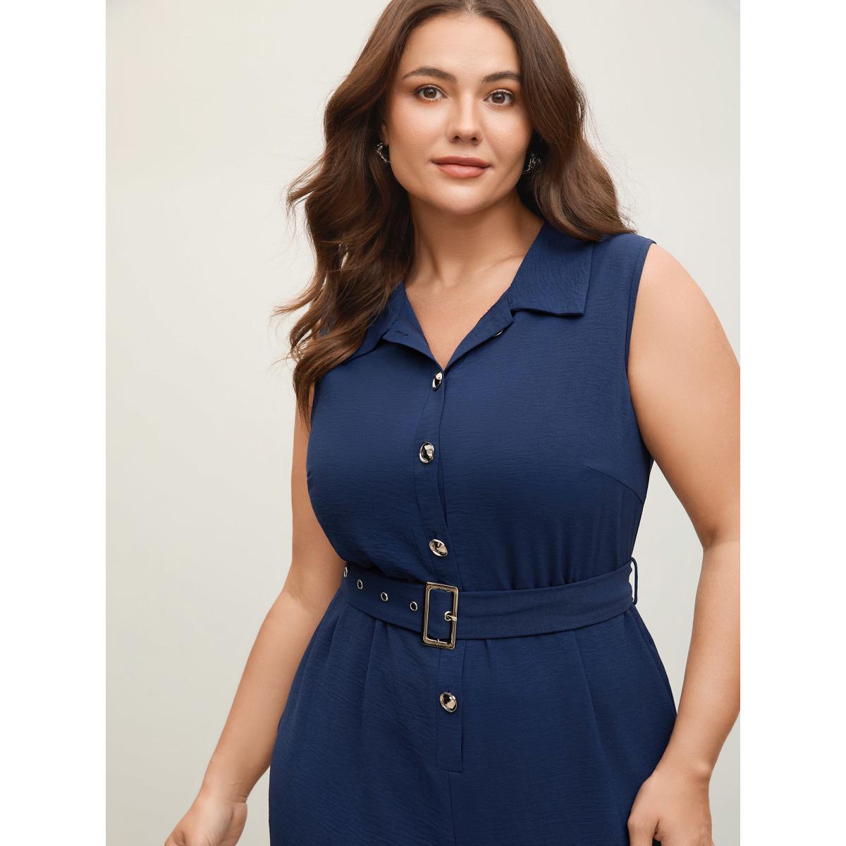 Plus Size Indigo Belted Waist-Cinched Wide-Leg Jumpsuit Women Office Sleeveless Shirt collar Office Loose Jumpsuits BloomChic 12/L Product Image