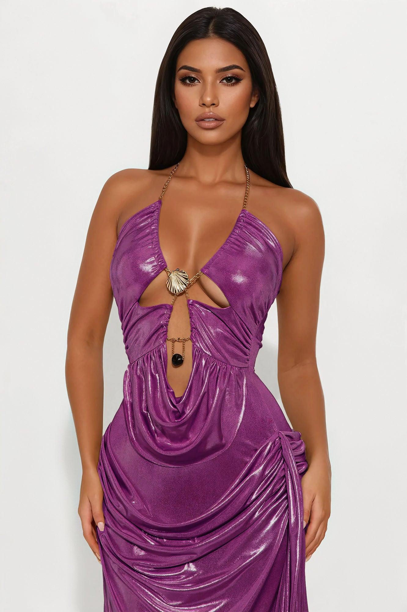 Mira Draped Metallic Maxi Dress - Magenta Product Image