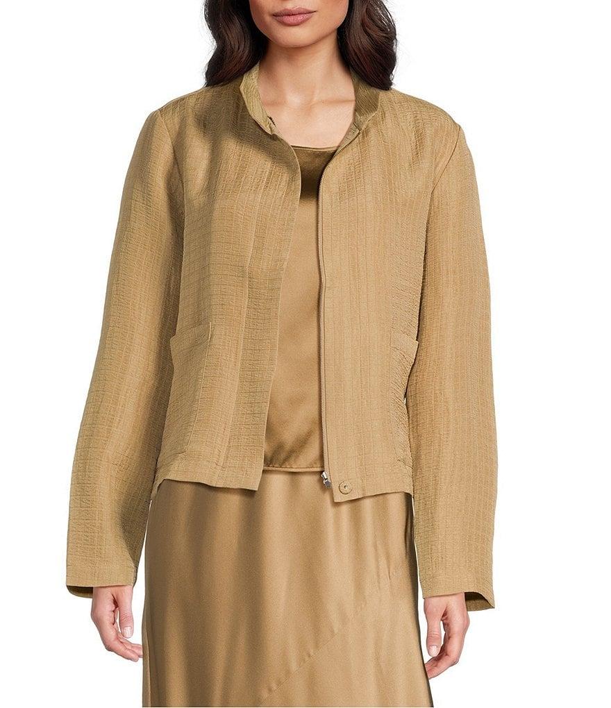 Eileen Fisher Silk Linen-Blend Stand Collar Long Sleeve Pocketed Boxy Fit Jacket Product Image