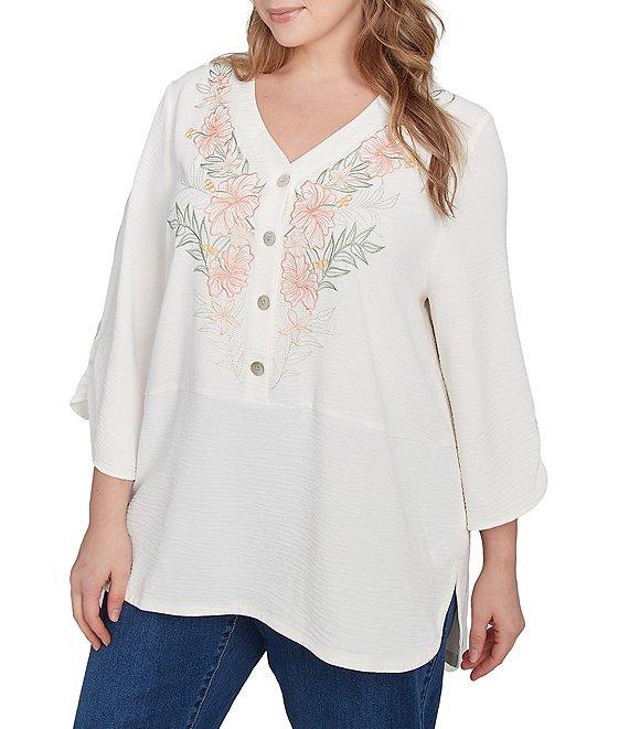 Ruby Rd. Plus Size Woven Embroidery Floral V-Neck 3/4 Sleeve Gauze Top Product Image