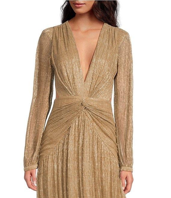 Gianni Bini Hazel Metallic Chiffon V-Neck Long Sleeve Cut Out Dress Product Image