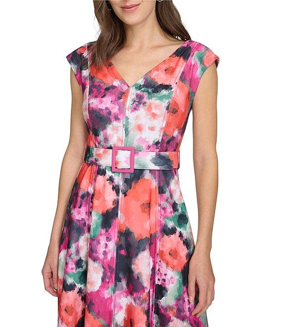 Calvin Klein Scuba Crepe V Neck Short Sleeve Belted A Line Midi Dress Product Image