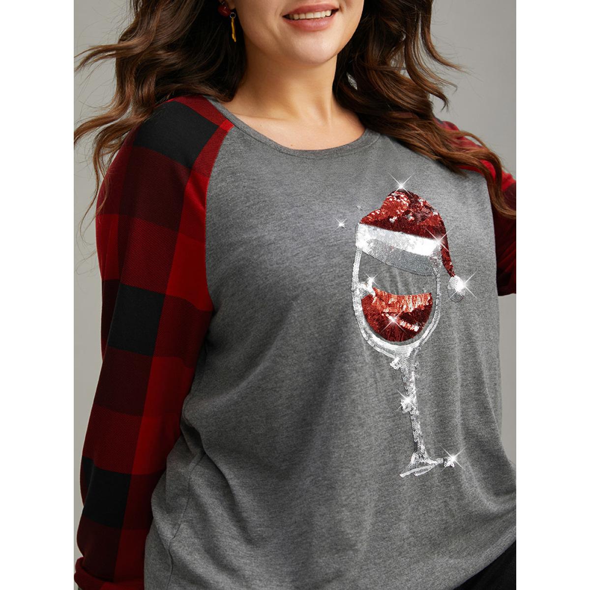 Plus Size Christmas Sequin Plaid Patchwork T-shirt Gray Women Casual Sequin Christmas Festival-Christmas T-shirts BloomChic 10/M Product Image