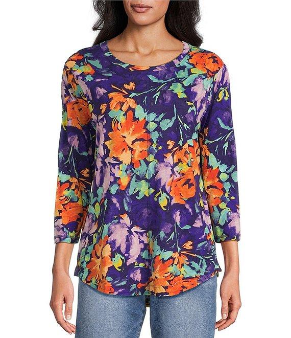 Westbound Petite Size Imperial Palace Floral Glow 3/4 Sleeve Crew Neck Knit Top Product Image