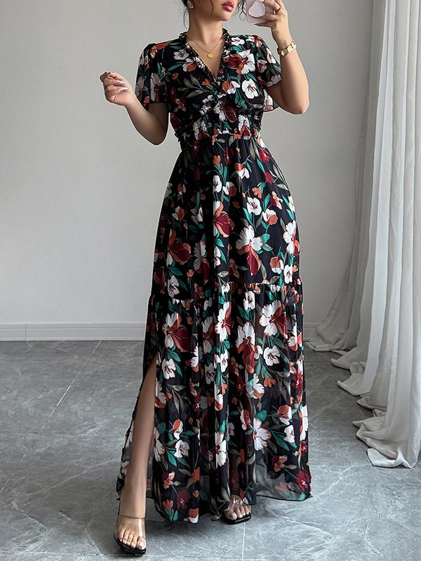 A-Line Loose Contrast Color Elasticity Flower Print Pleated V-Neck Maxi Dresses Product Image