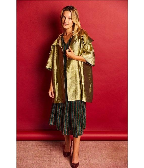 Buru Metallic Shimmer Wide Platter Point Collar 3/4 Sleeve Open Front Mid Length Topper Coat Product Image