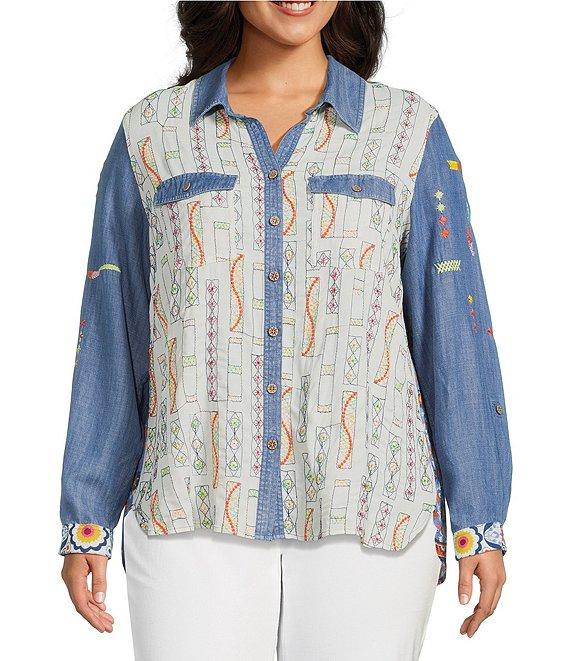 John Mark Plus Size Embroidered Floral Printed Point Collar Long Roll-Tab Sleeve Button Front Top Product Image
