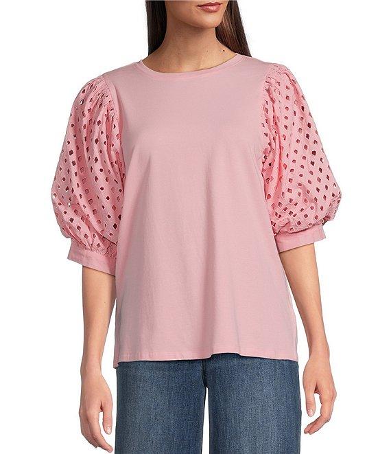 Gibson & Latimer Knit Contrast Eyelet Crew Neck Short 3/4 Balloon Sleeve Top Product Image