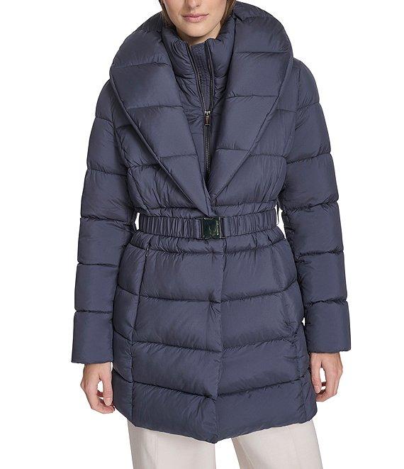 Kenneth Cole New York Water Resistant Stand Collar Belted Exposed Zip Front Puffer Coat Product Image