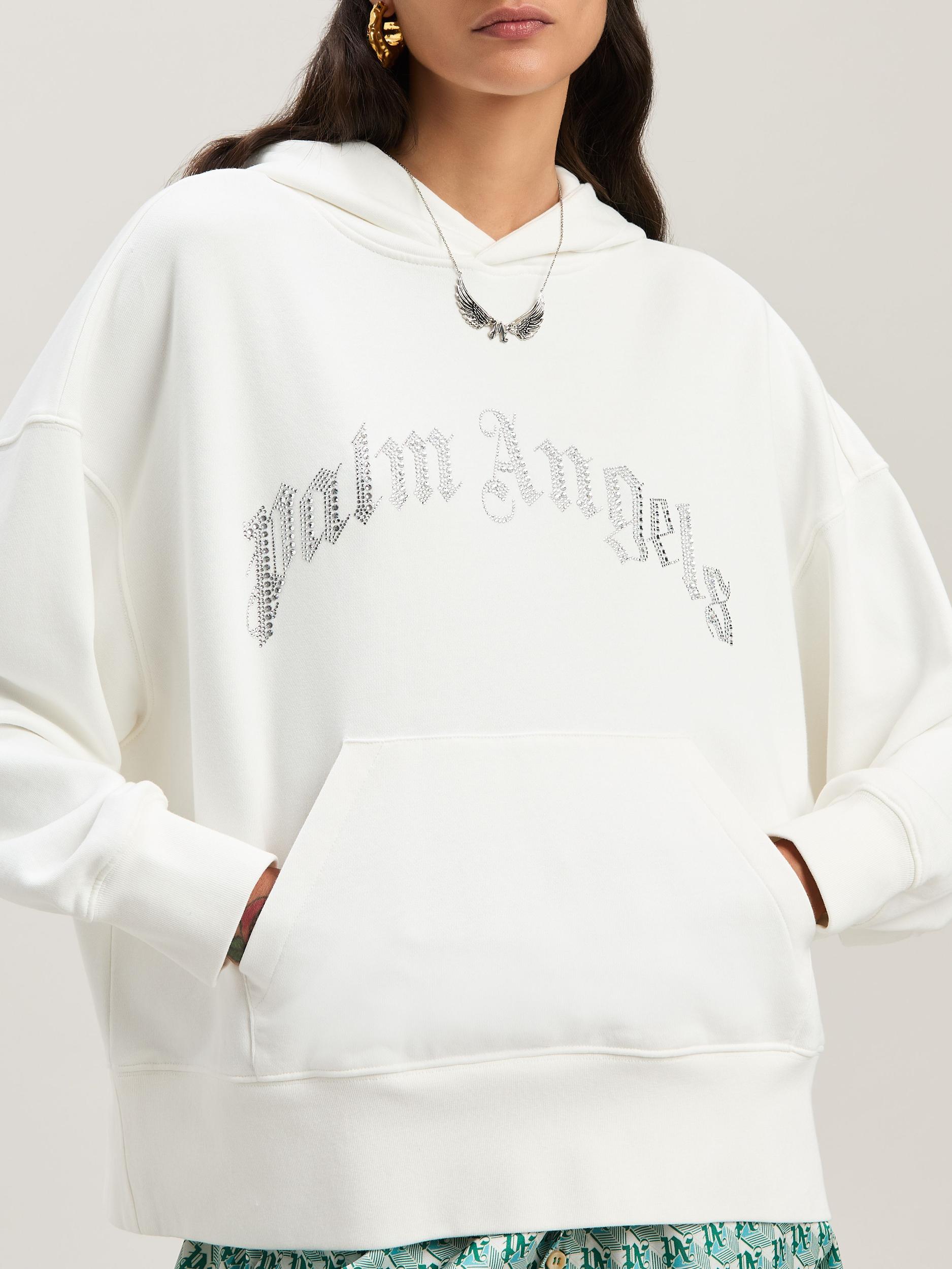 RHINESTONE CURVED LOGO HOODY OFF WHITE - Product Image