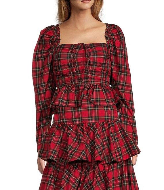 Antonio Melani Elvira Plaid Tie Square Neck Long Puffed Sleeve Blouse Product Image
