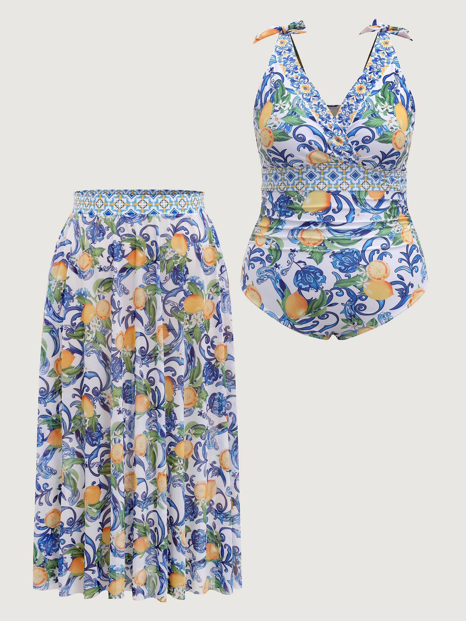 Two-Piece Citrus Print Sarong Swimsuit Female Product Image
