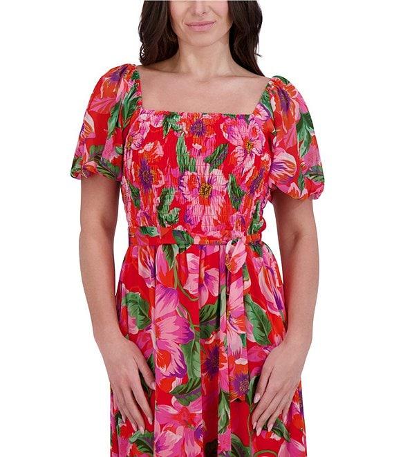 Kensie Chiffon Floral Print Square Neck Short Sleeve A-Line Midi Dress Product Image