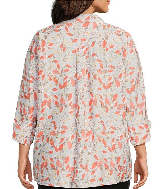 Multiples Plus Size Woven Leaf Print Point Collar 3/4 Turn-Up Sleeve Button Front Fitted Shirt Product Image