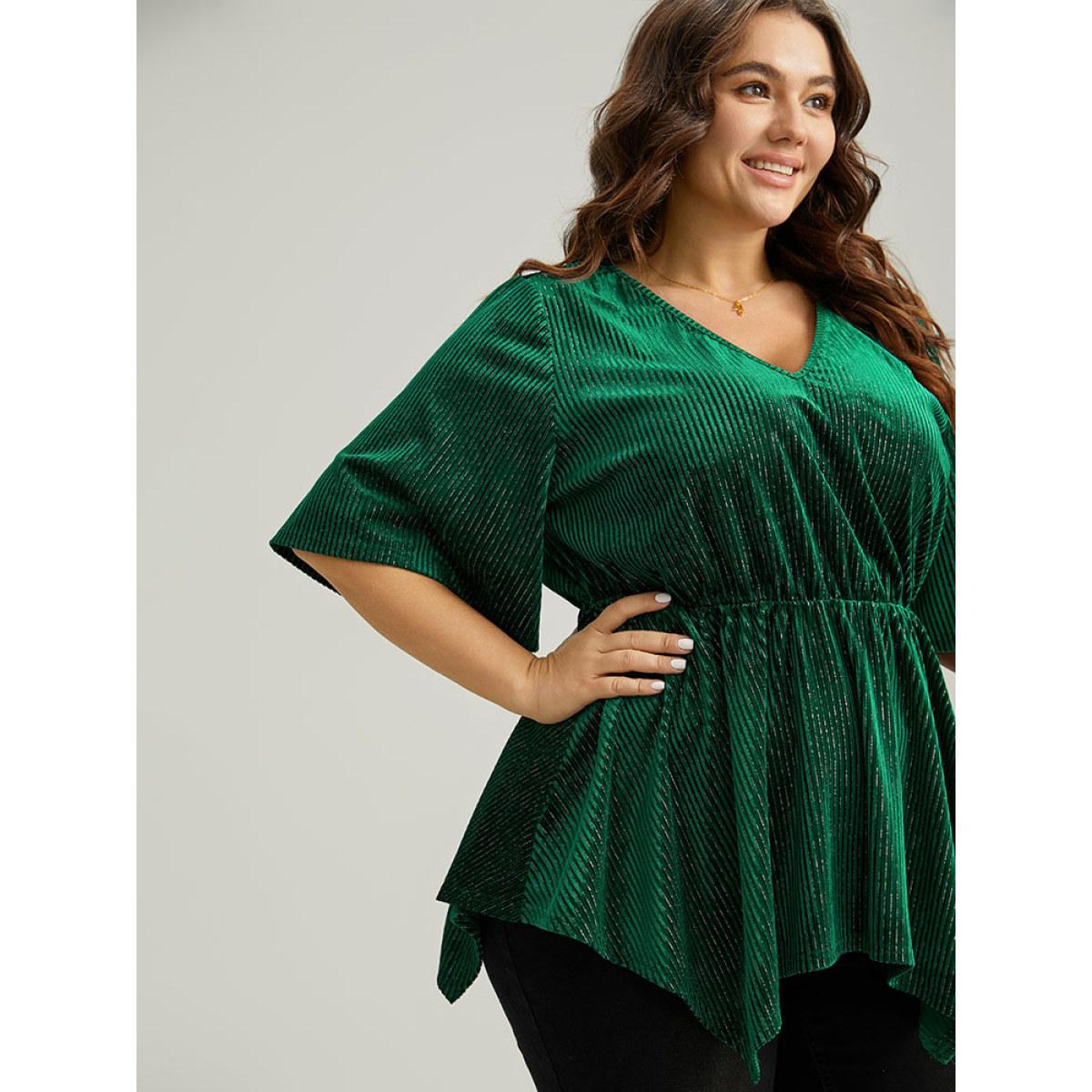Plus Size DarkGreen Velvet Elastic Waist Ruffle Sleeve Hanky Hem Blouse Women Glamour Short sleeve V-neck Festival-Christmas Blouses BloomChic 18-20/2X Product Image