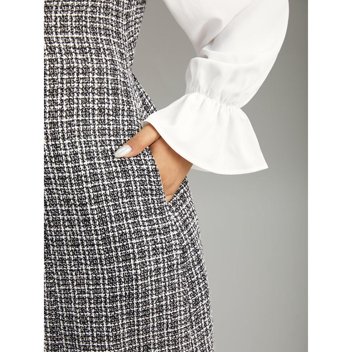 Plus Size Plaid Patchwork Ruffle Trim Knee Dress White Women Office Texture Mock Neck Long Sleeve Curvy Knee Dress BloomChic 30/6X Product Image