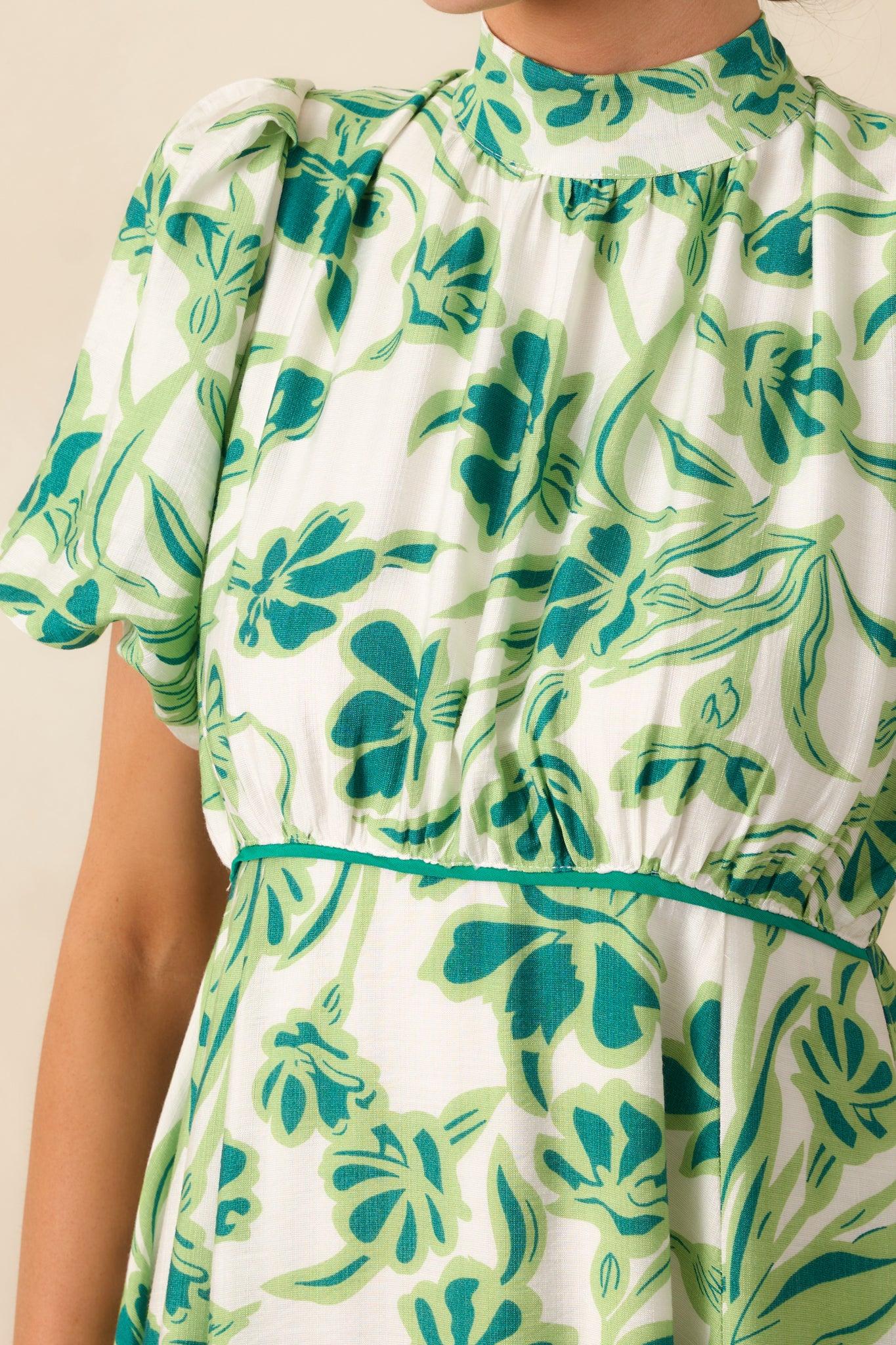 Blooming Season Green Floral Puff Sleeve Midi Dress Product Image