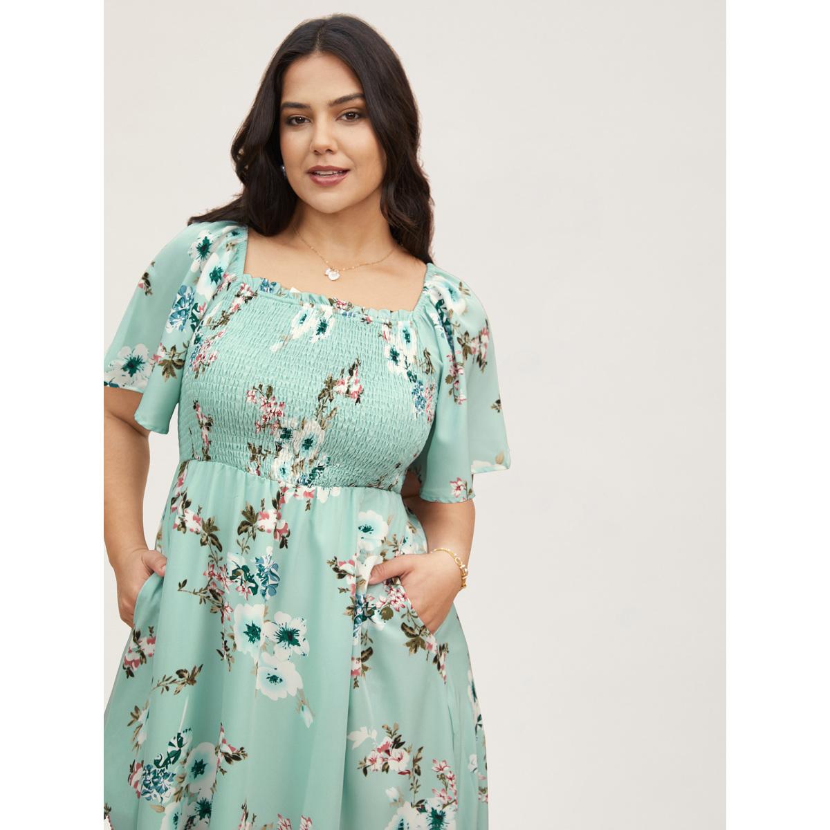 Plus Size Floral Square Neck Ruffles Pocket Shirred Split Dress Turquoise Women Romantic Non Square Neck Short sleeve Curvy BloomChic 14-16/1X Product Image