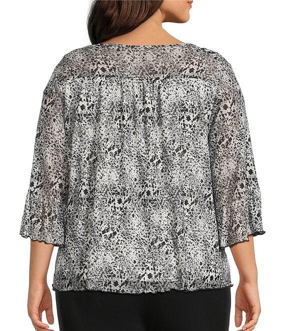 Intro Plus Size Soft Mesh Mini Animal Print 3/4 Romantic Sleeve Top Product Image