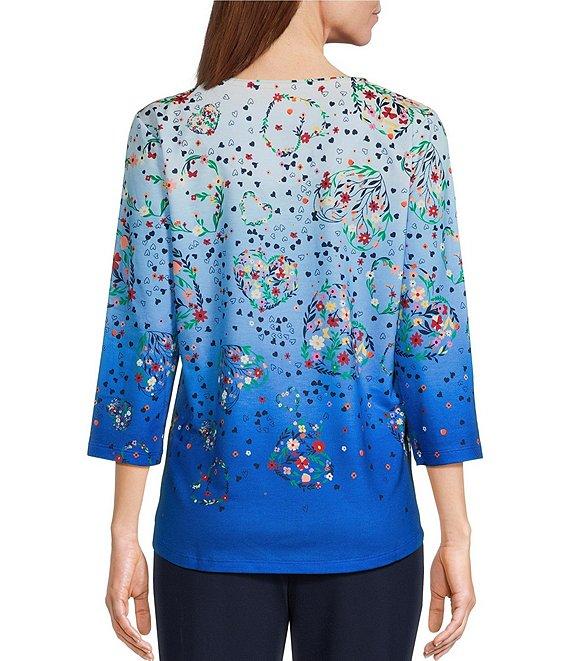 Allison Daley Petite Size Floral Hearts Print 3/4 Sleeve Crew Neck Knit Top Product Image