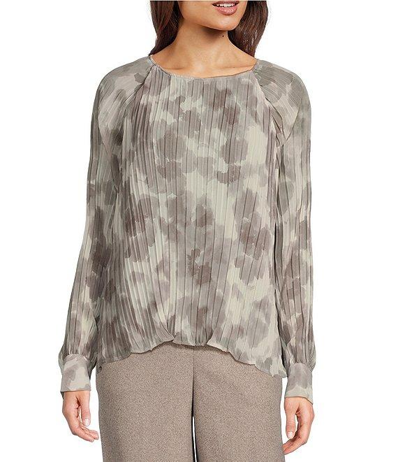 Calvin Klein Floral Printed Chiffon Pleated Crew Neck Long Sleeve Blouse Product Image